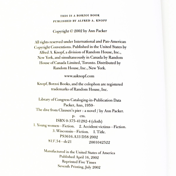 The Dive from Clausen's Pier by Ann Packer 2002 Alfred A Knopf HC