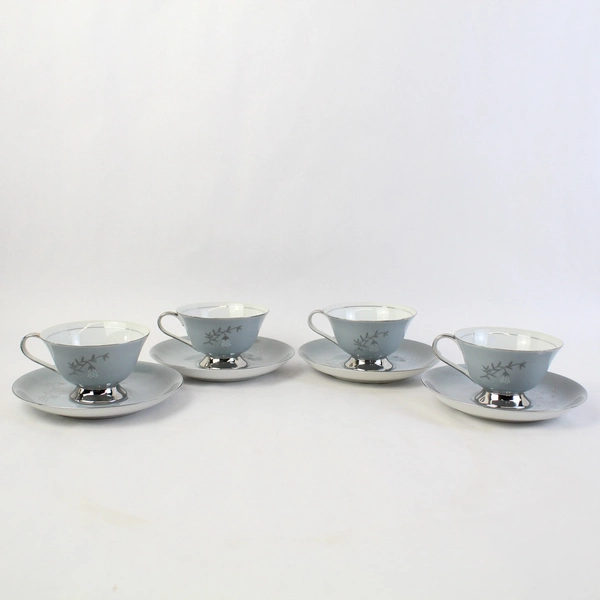 Set of 4 Seyei 3170 Gray China Cups And Saucers Silver Vines White Bell Flowers