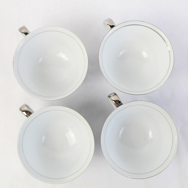 Set of 4 Seyei 3170 Gray China Cups And Saucers Silver Vines White Bell Flowers