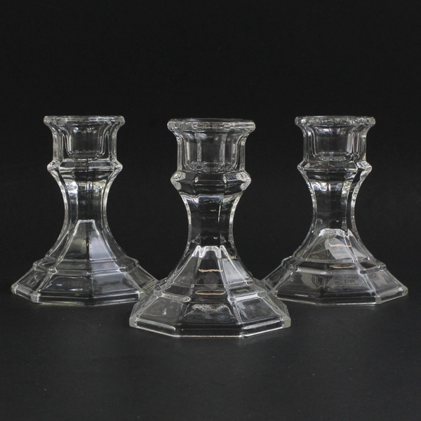 Lot of 3 Greenbrier International Clear Octagon Glass Taper Candle Holders