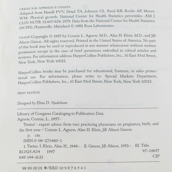 Twins Pregnancy, Birth & First Year of Life Book by Agnew Klein Ganon 1997