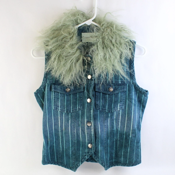 Copper Key Blue Striped Vest With Green Faux Fur Trim Women's Medium Flawed