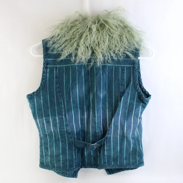 Copper Key Blue Striped Vest With Green Faux Fur Trim Women's Medium Flawed
