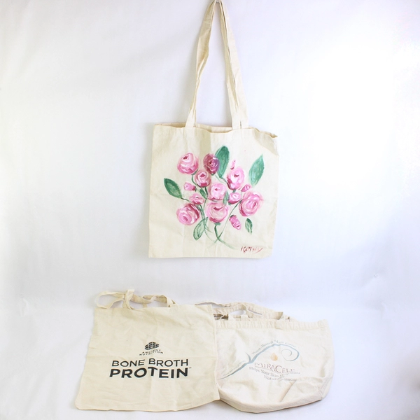 Lot of 3 Cream-Colored Reusable Fabric Tote Bags Varied Branding