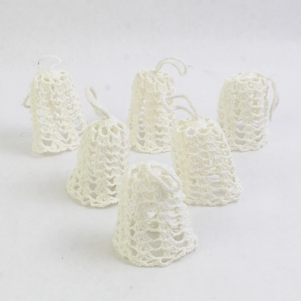 Set of 6 White Hand Crocheted Bell Christmas Ornaments