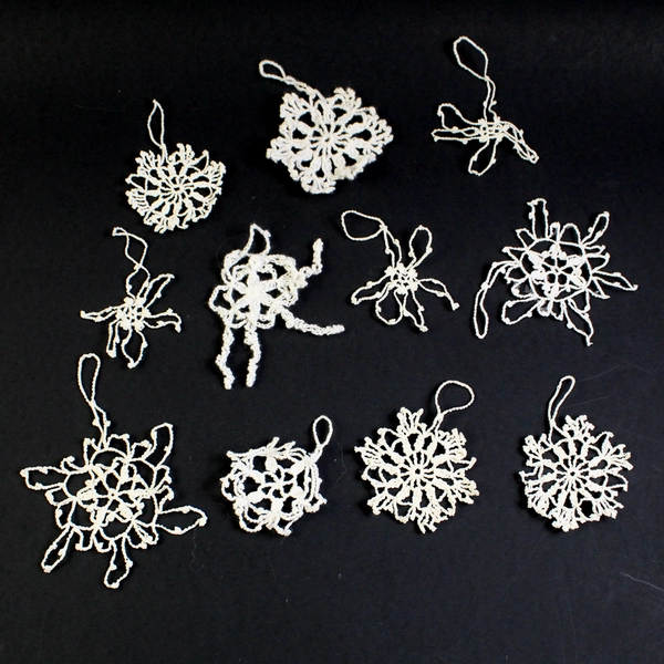 Set of 11 White Handmade Crocheted Snowflake and Star Christmas Ornaments
