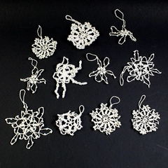 Set of 11 White Handmade Crocheted Snowflake and Star Christmas Ornaments