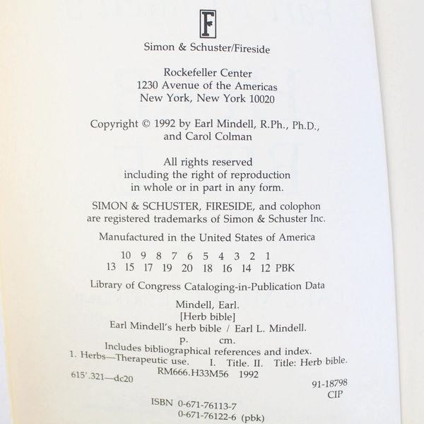 Earl Mindell's Herb Bible Earl L. Mindell 1992 Simon & Schuster Paperback