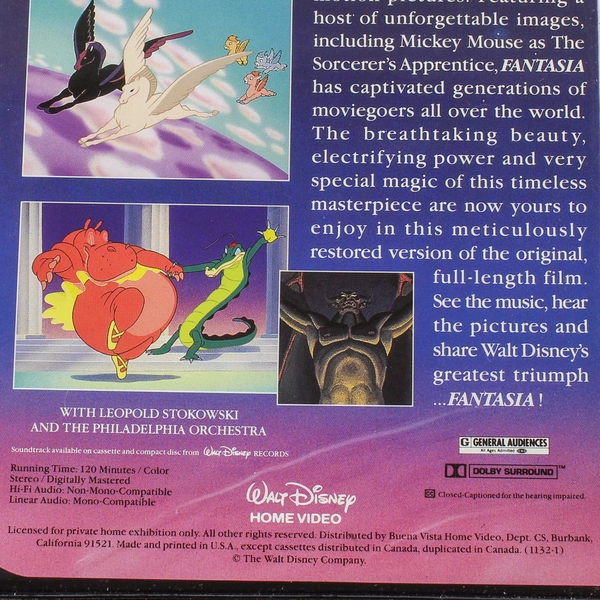 Walt Disney's Fantasia VHS Movie - Animated Classic, Family Fun, Rated G