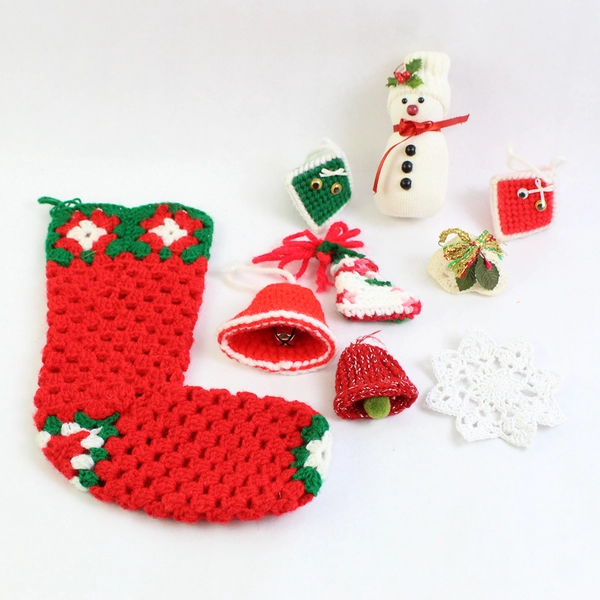 Lot of 9 Assorted Handmade Christmas Ornaments Stockings Snowman Bells