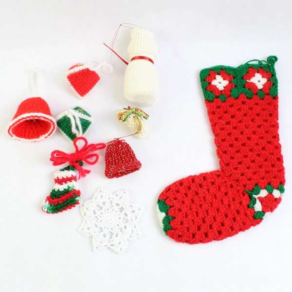 Lot of 9 Assorted Handmade Christmas Ornaments Stockings Snowman Bells