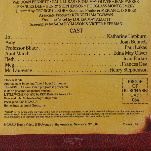 Little Women VHS 1985 MGM/UA Katherine Hepburn Classic Pre-Owned Movie