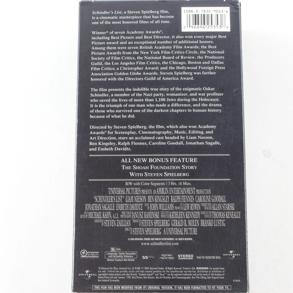 Schindler's List VHS 2004 Set - Steven Spielberg Best Picture - 2 Tapes