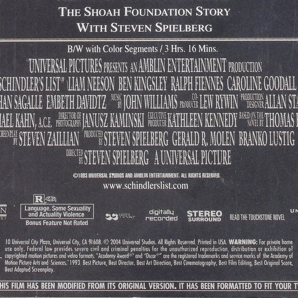 Schindler's List VHS 2004 Set - Steven Spielberg Best Picture - 2 Tapes