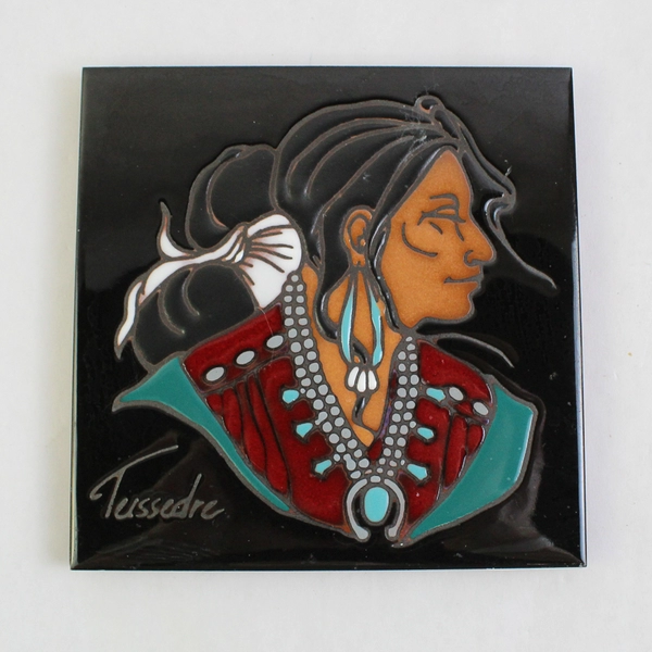 Cleo Teissedre Hand Painted Ceramic Tile Native American Woman