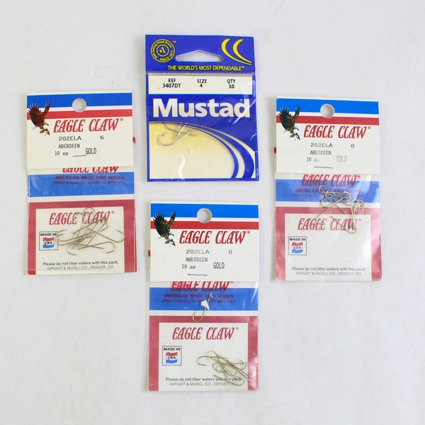 Lot of 4 New Packages Of Fishing Hooks Sizes 4-8 Eagle Claw And Mustad