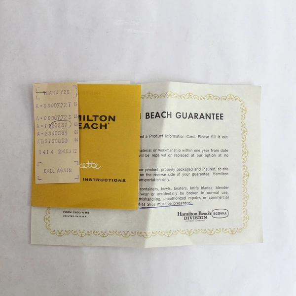 Hamilton Beach Mixette Model 97 Instructions & Guarantee Slip Pre-Owned