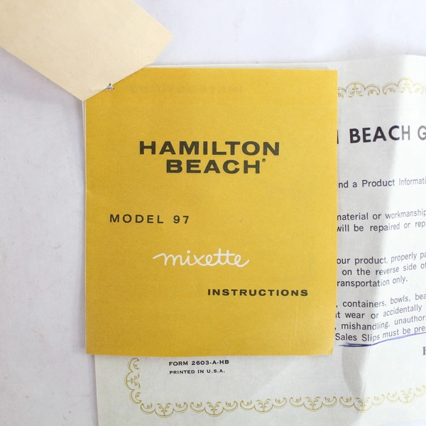 Hamilton Beach Mixette Model 97 Instructions & Guarantee Slip Pre-Owned
