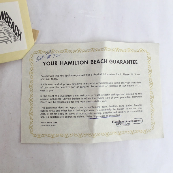 Hamilton Beach Mixette Model 97 Instructions & Guarantee Slip Pre-Owned