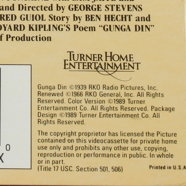 Gunga Din VHS 1989 Turner Home Entertainment Cary Grant Victor McLaglen