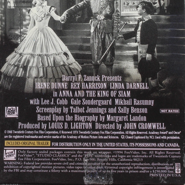 Anna and the King of Siam VHS 1994 Fox Video Irene Dunne Rex Harrison Classic