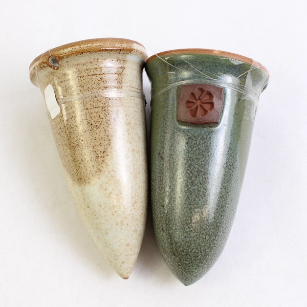 Lot of 2 Studio Art Pottery Bud Vases Beige and Green Color 3.6" Tall