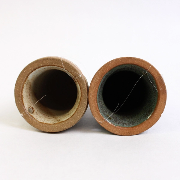 Lot of 2 Studio Art Pottery Bud Vases Beige and Green Color 3.6" Tall