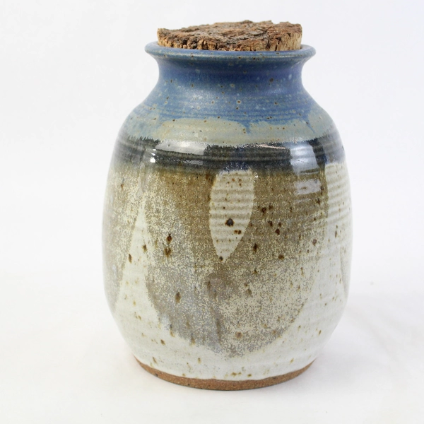 Handmade Mudlark Ceramic Jar with Cork Lid Blue And Gray Signed