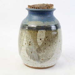 Handmade Mudlark Ceramic Jar with Cork Lid Blue And Gray Signed