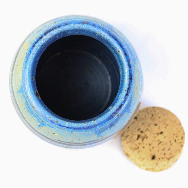 Handmade Mudlark Ceramic Jar with Cork Lid Blue And Gray Signed