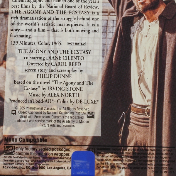 The Agony and the Ecstasy VHS 1992 Charlton Heston Rex Harrison Fox Video
