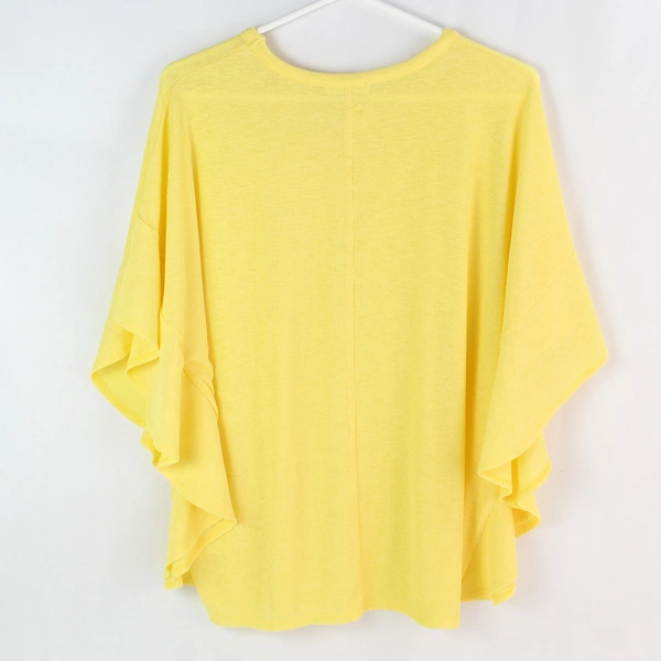 Doublju Women's Yellow Stretchy Ribbed Ruffled Sleeve Top, Size M, Pre-owned