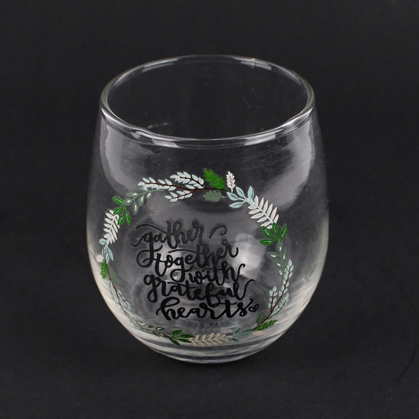 Hand Painted Flat Bottom Crystal Wine Glass Gather Together With Grateful Hearts