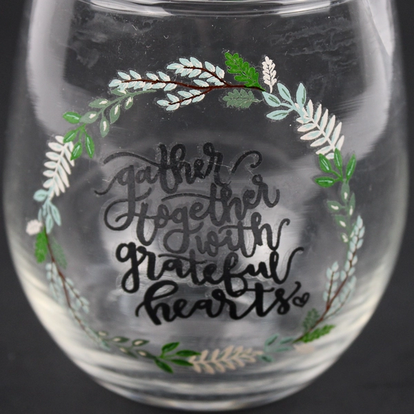 Hand Painted Flat Bottom Crystal Wine Glass Gather Together With Grateful Hearts