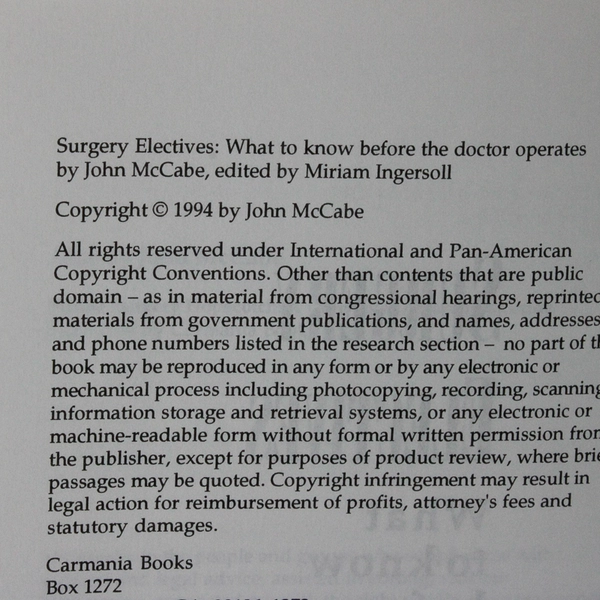 Surgery Electives by John McCabe What to Know Before the Dr Operates 1994 PB