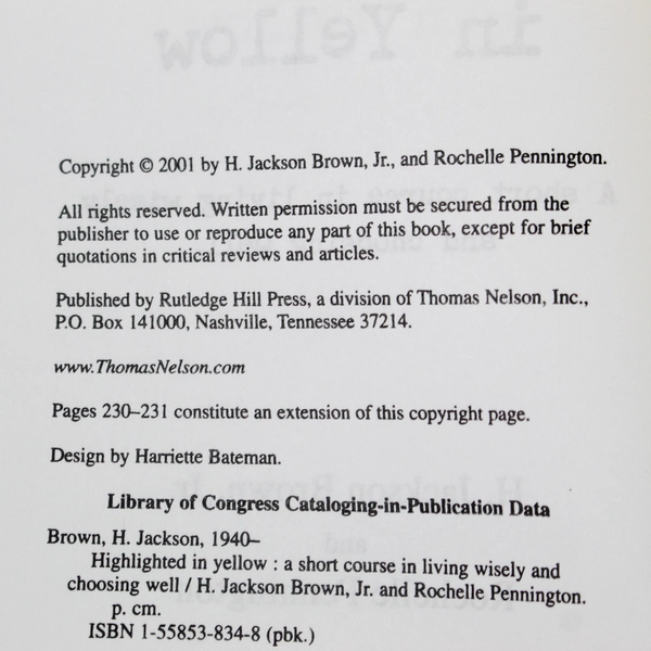 Highlighted in Yellow by H. Jackson Brown Jr. 2001 Paperback - Good Condition