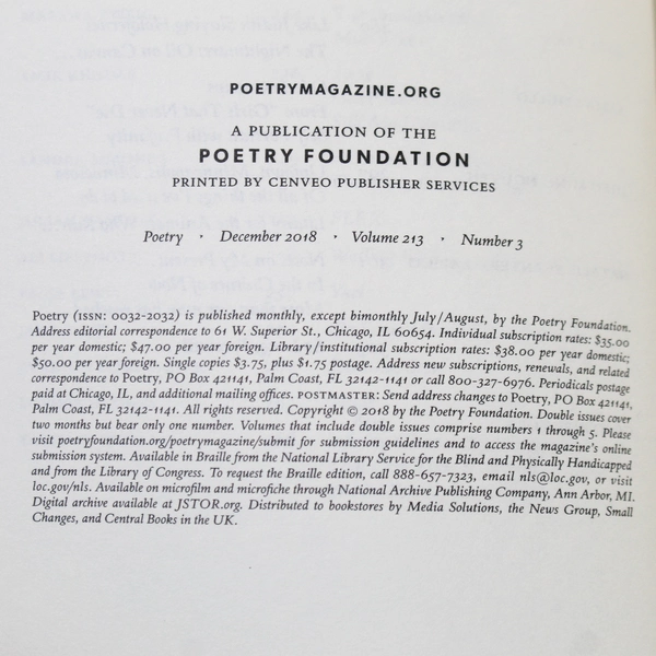 Poetry Magazine Dec 2018 Vol 213 No 3 Paperback - Very Good Condition