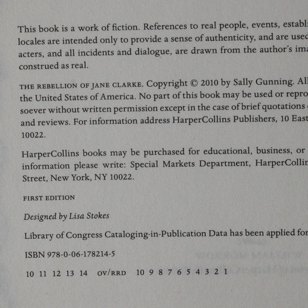The Rebellion of Jane Clarke by Sally Gunning 2010 Hardcover DJ First Edition