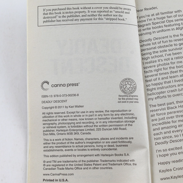 Deadly Descent by Kaylea Cross 2011 Romantic Suspense Paperback - Good Condition