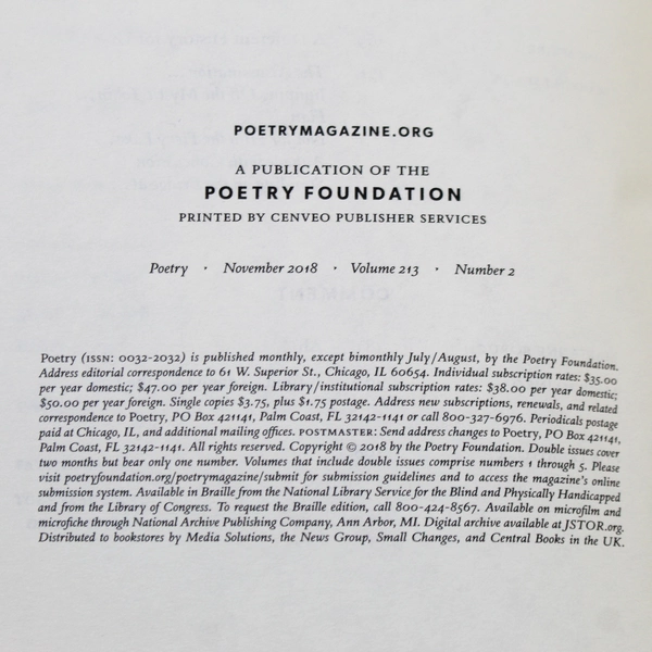 Poetry Magazine November 2018 Volume 213 No. 2 Paperback - Very Good