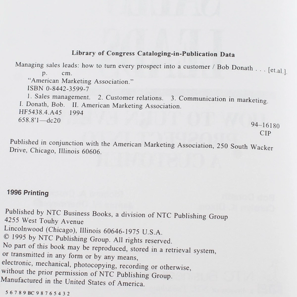 Managing Sales Leads by Donath, Crocker, Dixon, Obermayer - 1995 Hardcover