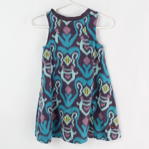 Tea Girl's Teal Jacquard Peacock Tank Dress, Size M 12-18 Months, Good Condition