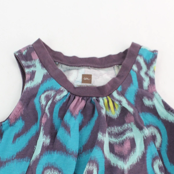 Tea Girl's Teal Jacquard Peacock Tank Dress, Size M 12-18 Months, Good Condition