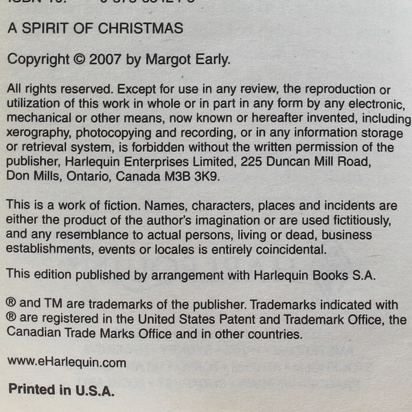 A Spirit of Christmas by Margot Early 2007 Harlequin Paperback - Good Cond.