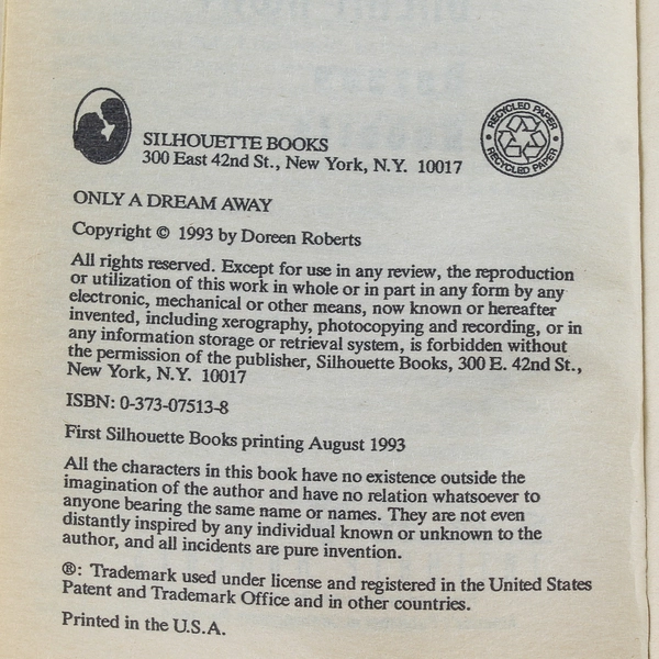 Only a Dream Away by Doreen Roberts 1993 Silhouette Romance Paperback