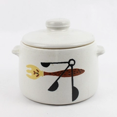 Vintage West Bend Stoneware Bean Pot & Lid White Kitchen Utensil Pattern 6.5in
