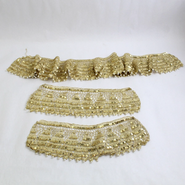 3 Piece Lot of Crochet Gold Trim Fabric with Sequins and Faux Pearls