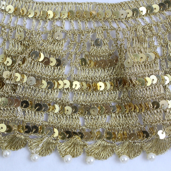 3 Piece Lot of Crochet Gold Trim Fabric with Sequins and Faux Pearls