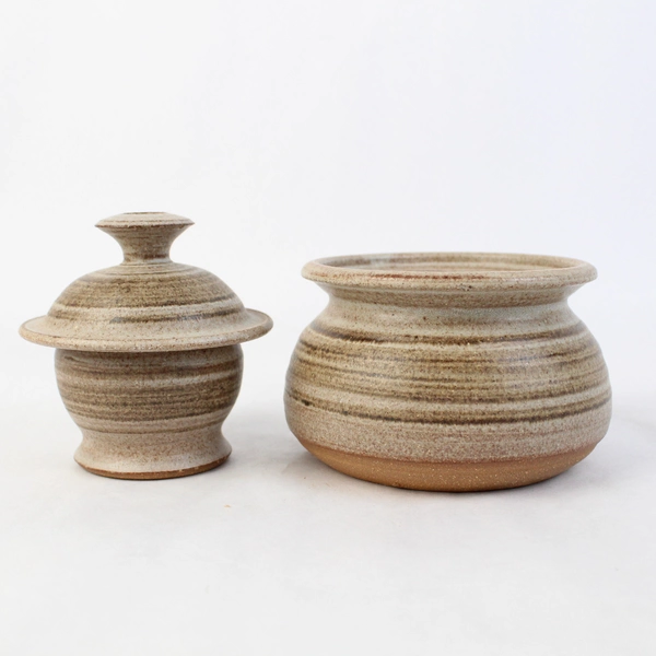 Handmade Art Pottery Bowl With Cup Attached Under The Lid Signed