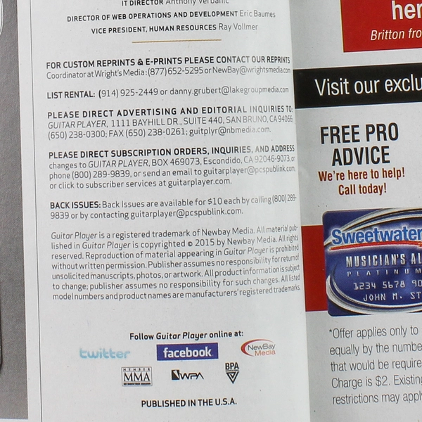 Guitar Player Magazine Nov 2015 - Five Finger Death Punch, Good Condition